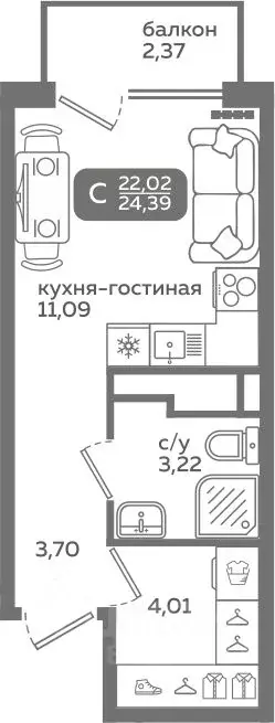 Студия Тюменская область, Тюмень ул. Заполярная, 9/2 (22.02 м) - Фото 0