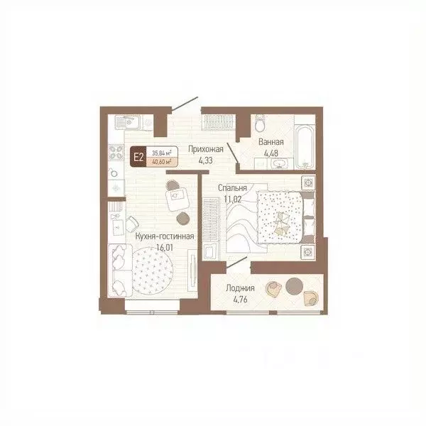 1-к кв. Тульская область, Тула Кулик жилой комплекс (38.22 м) - Фото 1