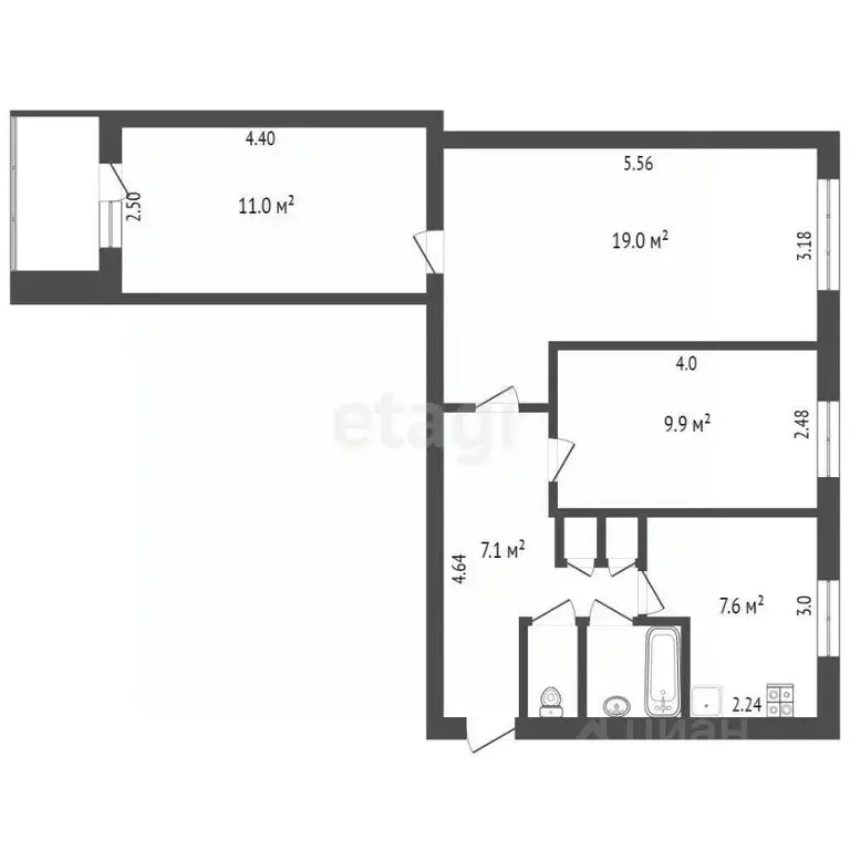3-к кв. Архангельская область, Архангельск ул. Гагарина, 50 (58.4 м) - Фото 2