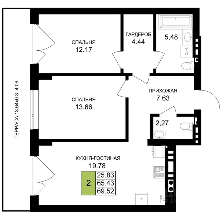 2-к кв. Калининградская область, Гурьевск Включи жилой комплекс (69.52 ... - Фото 1
