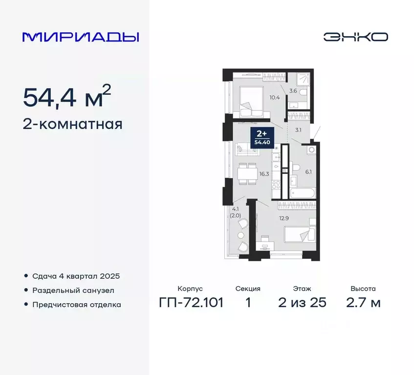 2-к кв. Тюменская область, Тюмень Мириады жилой комплекс (54.4 м) - Фото 0