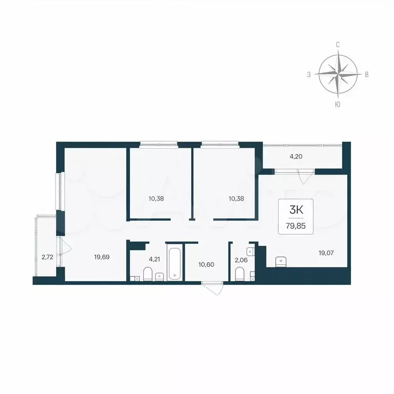 3-к. квартира, 79,9 м, 4/8 эт. - Фото 0