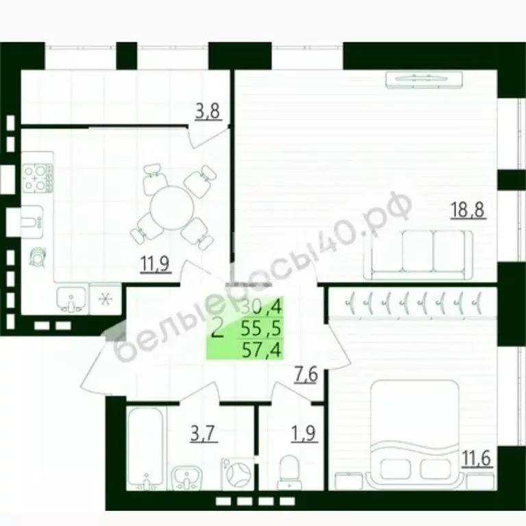 2-к кв. Калужская область, Калуга ул. Белые Росы, 5 (57.4 м) - Фото 2