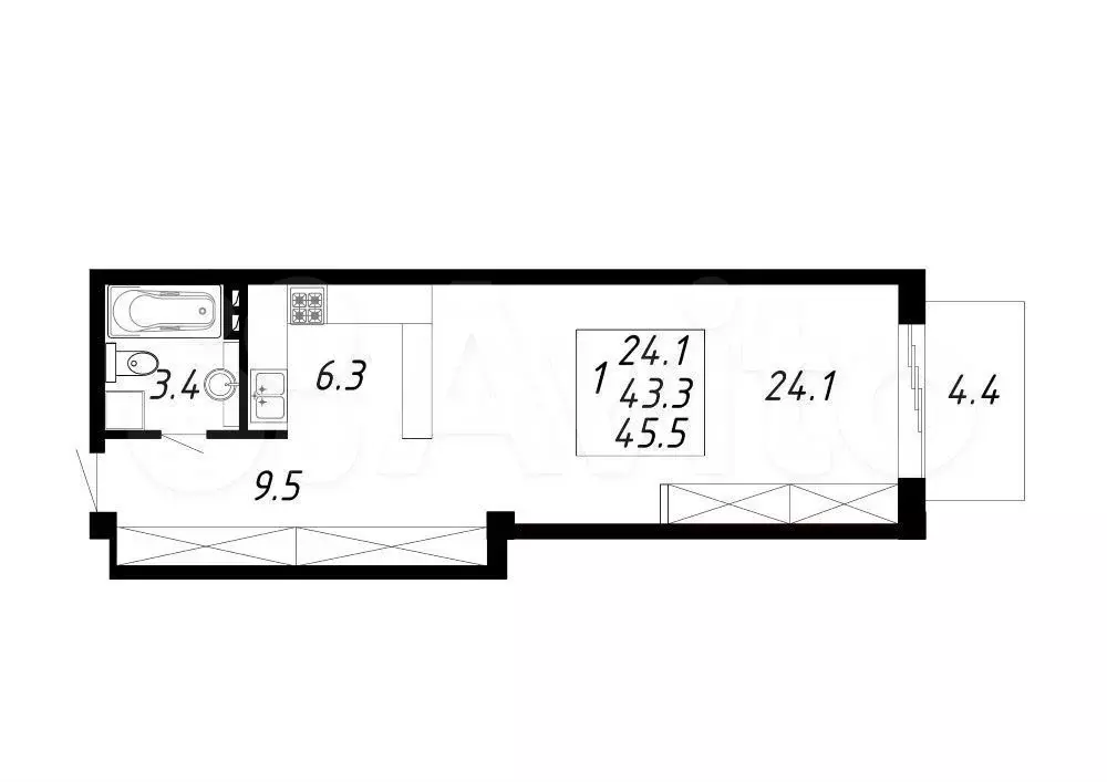 1-к. квартира, 45,5 м, 7/8 эт. - Фото 0