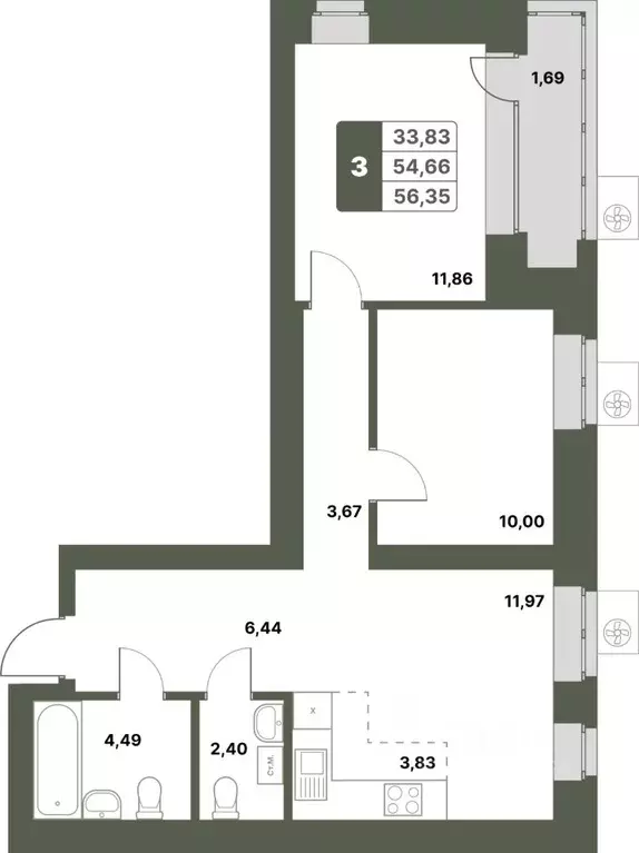 3-к кв. Башкортостан, Уфимский район, с. Миловка  (56.35 м) - Фото 1