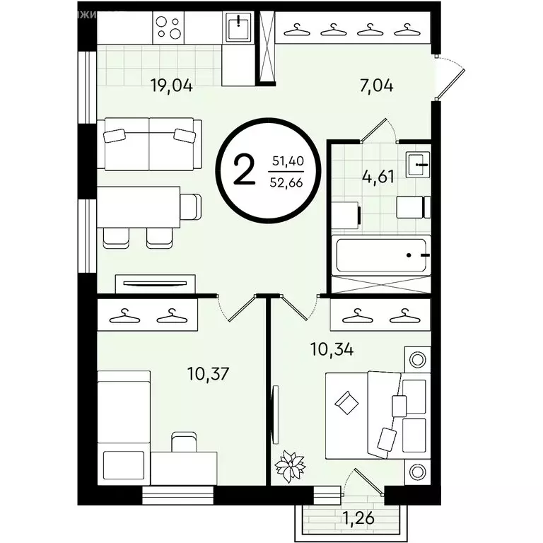 2-комнатная квартира: Тюмень, улица Александра Звягина, 3 (52.66 м) - Фото 0