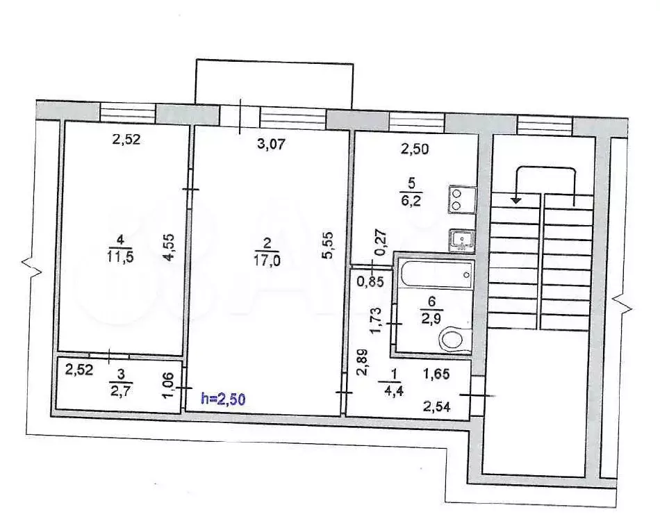 2-к. квартира, 44,7 м, 5/5 эт. - Фото 0