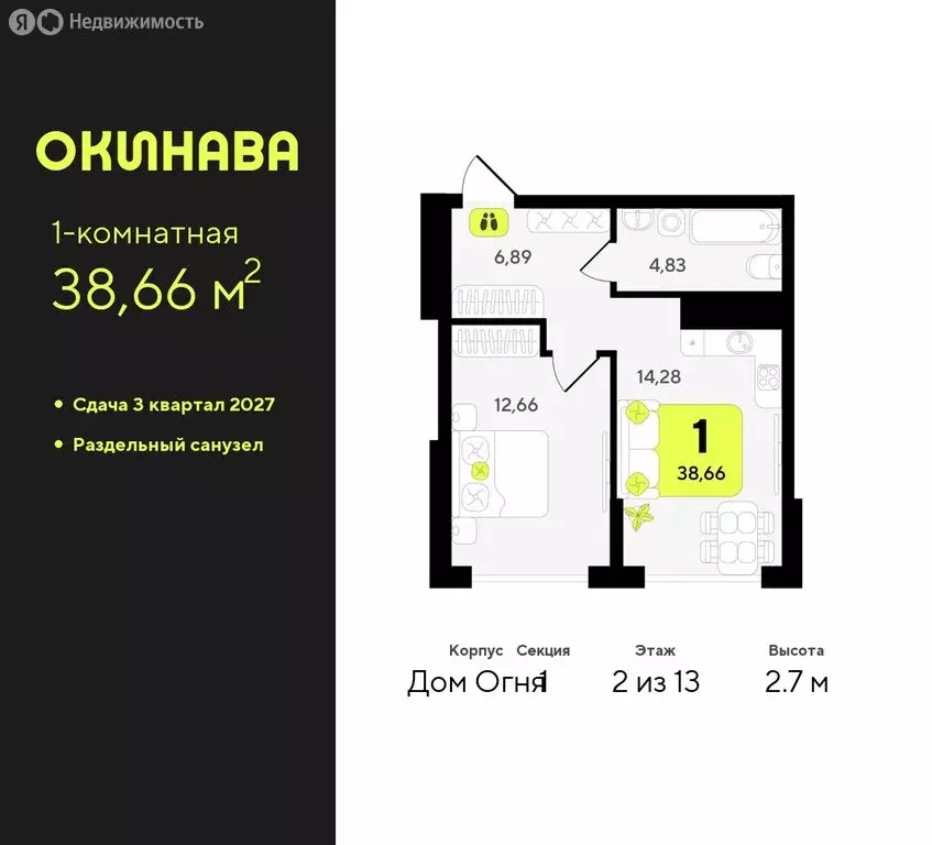 1-комнатная квартира: Тюмень, жилой комплекс Окинава (38.66 м) - Фото 0