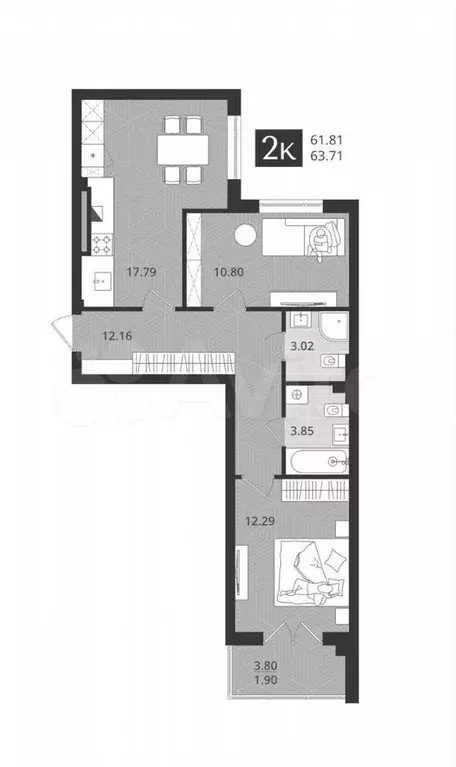 2-к. квартира, 61,8 м, 3/4 эт. - Фото 1
