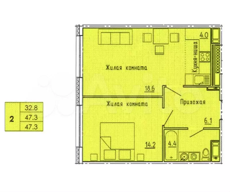 2-к. квартира, 47,3 м, 4/18 эт. - Фото 0