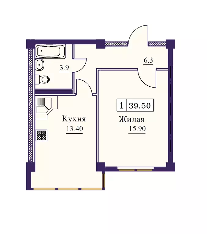 1-к квартира, 39.5 м - Фото 0