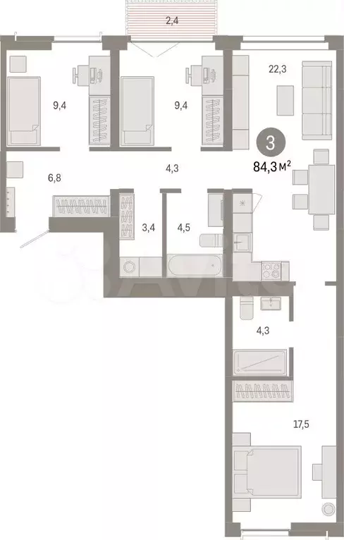 3-к. квартира, 84,3 м, 5/23 эт. - Фото 1