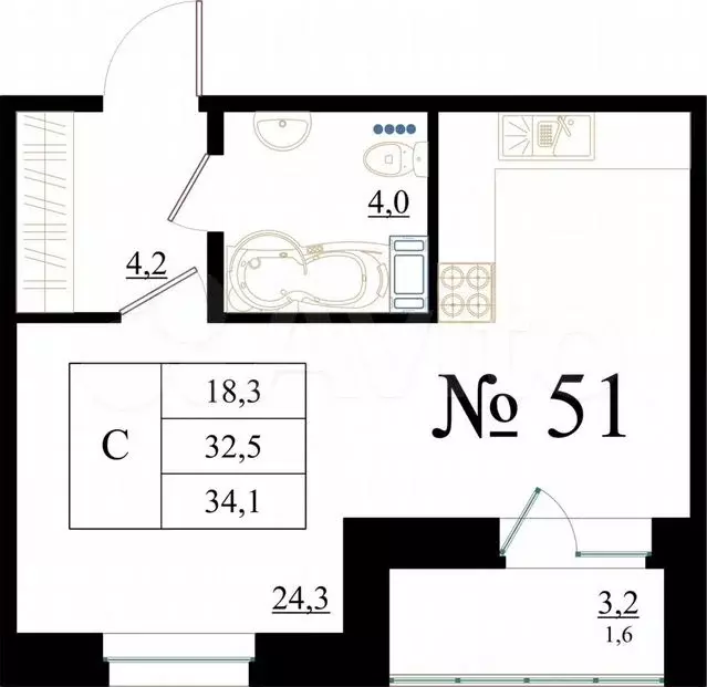 Квартира-студия, 34,1м, 7/8эт. - Фото 0