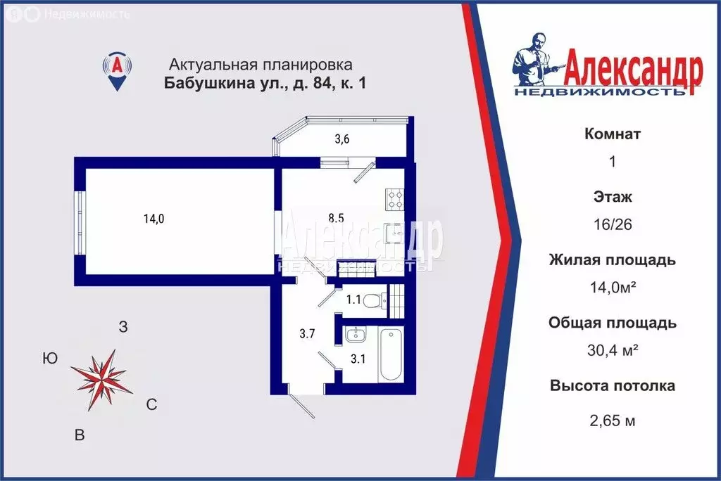 1-комнатная квартира: Санкт-Петербург, улица Бабушкина, 84к1 (30.4 м) - Фото 1