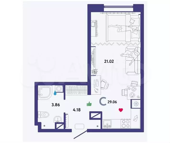 Квартира-студия, 29,1 м, 3/13 эт. - Фото 1