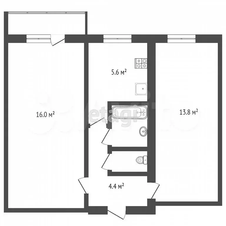 2-к. квартира, 44,5 м, 2/5 эт. - Фото 0