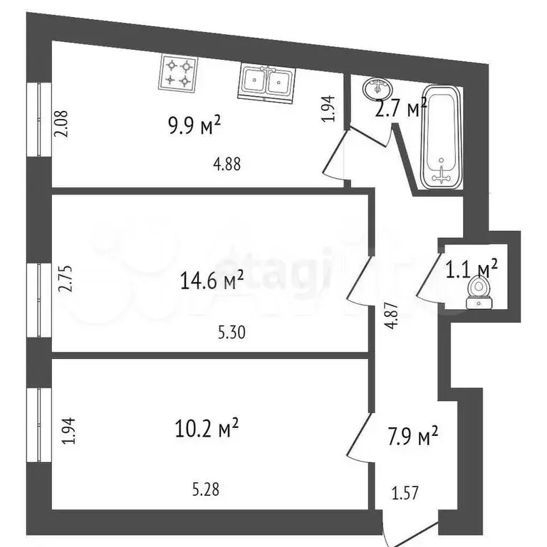 2-к. квартира, 46,4 м, 4/4 эт. - Фото 0