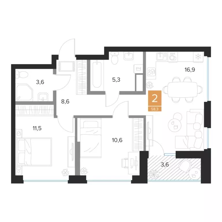 2-комнатная квартира: Курск, ЖК Парковый квартал Чувства (58.3 м) - Фото 0