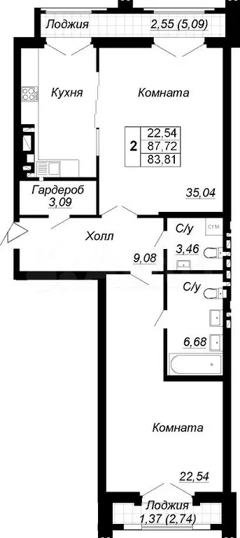 2-к. квартира, 83 м, 5/7 эт. - Фото 1