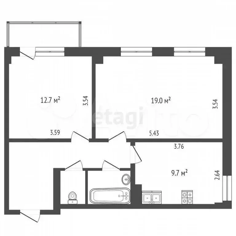 2-к. квартира, 54,5 м, 3/7 эт. - Фото 0