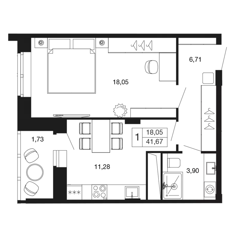 1-к квартира, 41.67 м - Фото 0