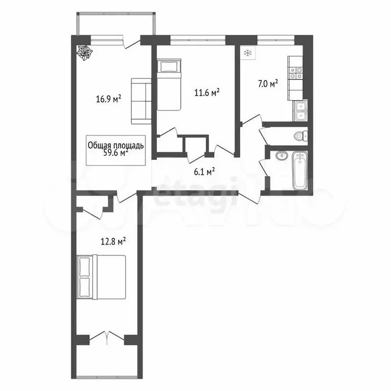 3-к. квартира, 59,6 м, 3/9 эт. - Фото 0