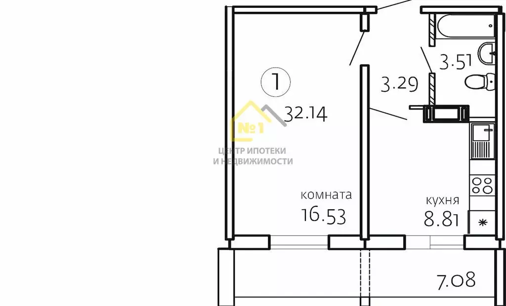 1-комнатная квартира: Челябинск, улица Маршала Чуйкова, 26А (32.14 м) - Фото 0