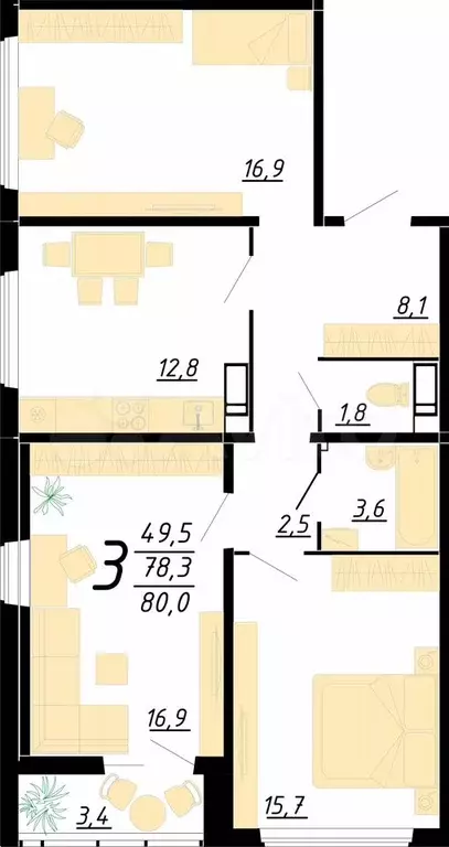 3-к. квартира, 80 м, 12/21 эт. - Фото 0