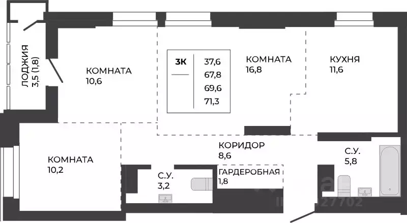 3-к кв. Алтайский край, Барнаул ул. Шумакова, 7к2 (69.6 м) - Фото 0