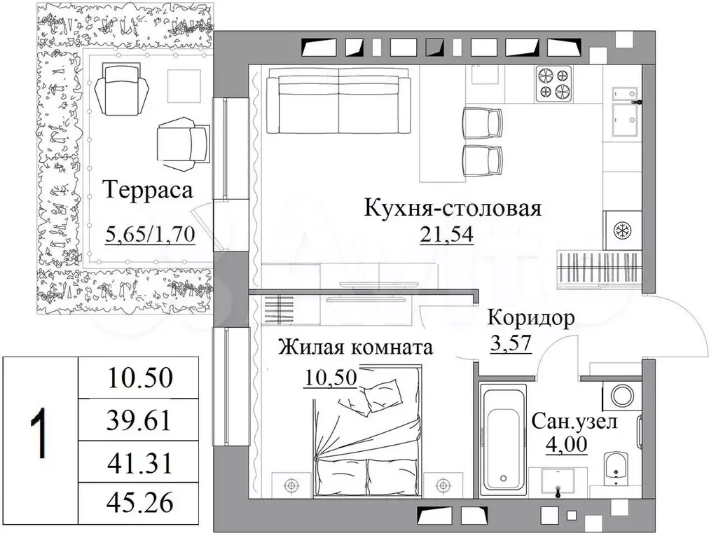 1-к. квартира, 41,3 м, 1/9 эт. - Фото 0