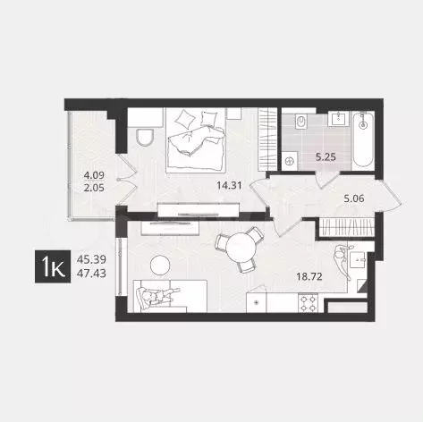 1-к. квартира, 47,4 м, 1/4 эт. - Фото 1