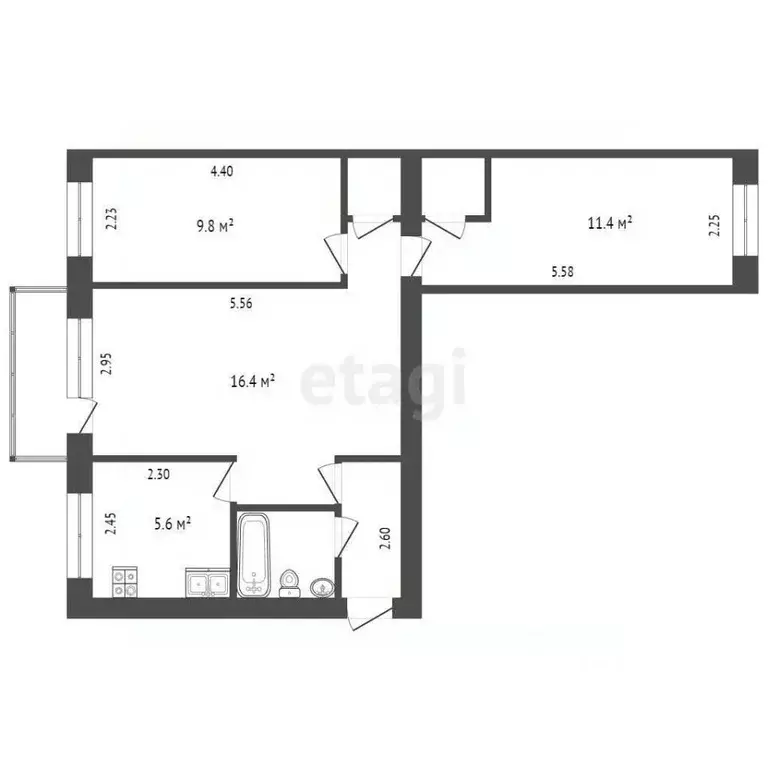 3-к кв. Вологодская область, Вологда ул. Гоголя, 101 (54.3 м) - Фото 2