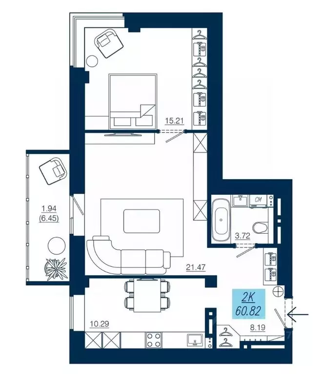 2-к кв. Красноярский край, Красноярск Аэровокзальная ул., 19/3 (60.82 ... - Фото 1