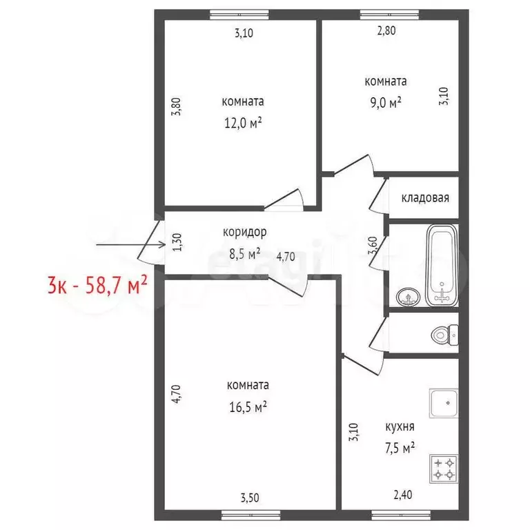 3-к. квартира, 58,7 м, 2/6 эт. - Фото 1