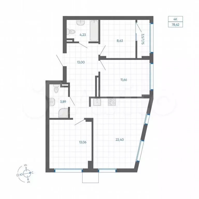 3-к. квартира, 78,6 м, 8/9 эт. - Фото 0