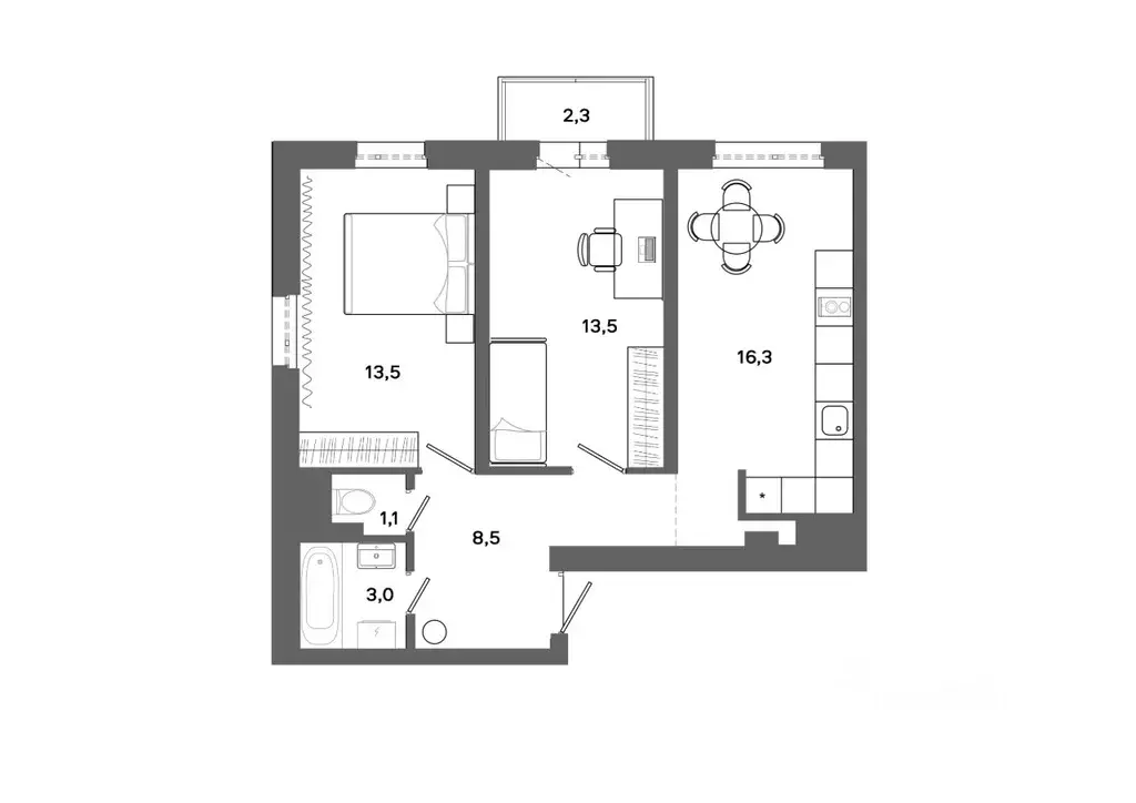 2-к кв. Ханты-Мансийский АО, Сургут 30А мкр,  (56.59 м) - Фото 0