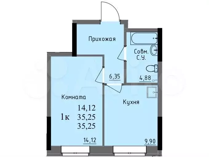 1-к. квартира, 35,3 м, 1/17 эт. - Фото 0