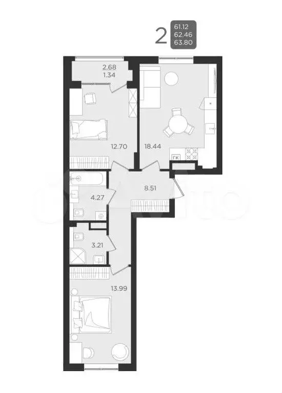2-к. квартира, 62,7 м, 1/9 эт. - Фото 1