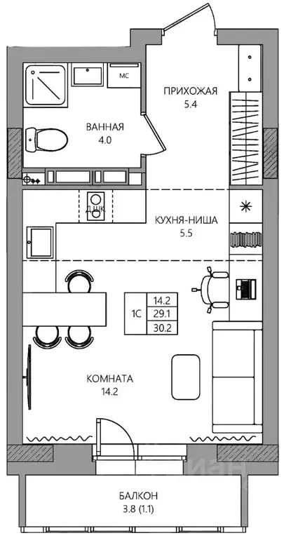 Студия Пермский край, Пермь ул. Капитана Гастелло, 15 (30.2 м) - Фото 1