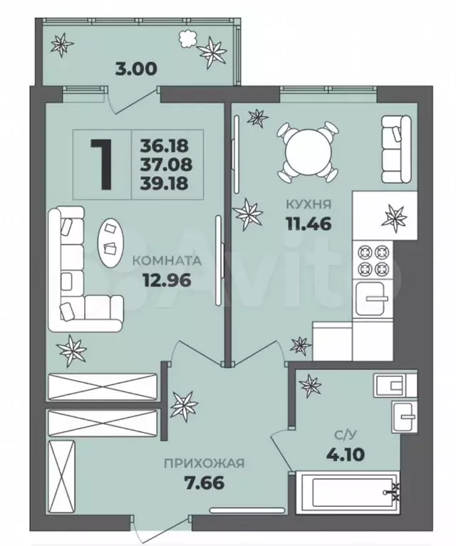 1-к. квартира, 37,1 м, 5/8 эт. - Фото 1