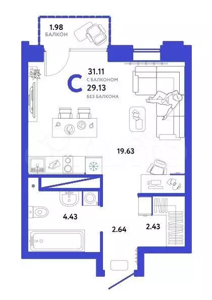 Квартира-студия, 31,1 м, 7/25 эт. - Фото 1