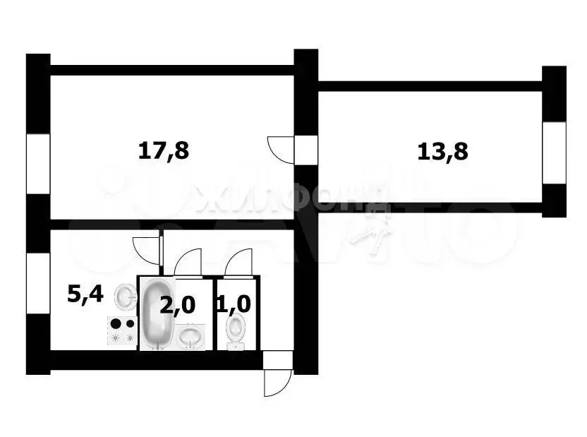 2-к. квартира, 43,1 м, 1/5 эт. - Фото 0