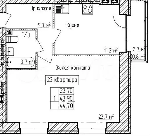 1-к. квартира, 44,7 м, 3/3 эт. - Фото 0