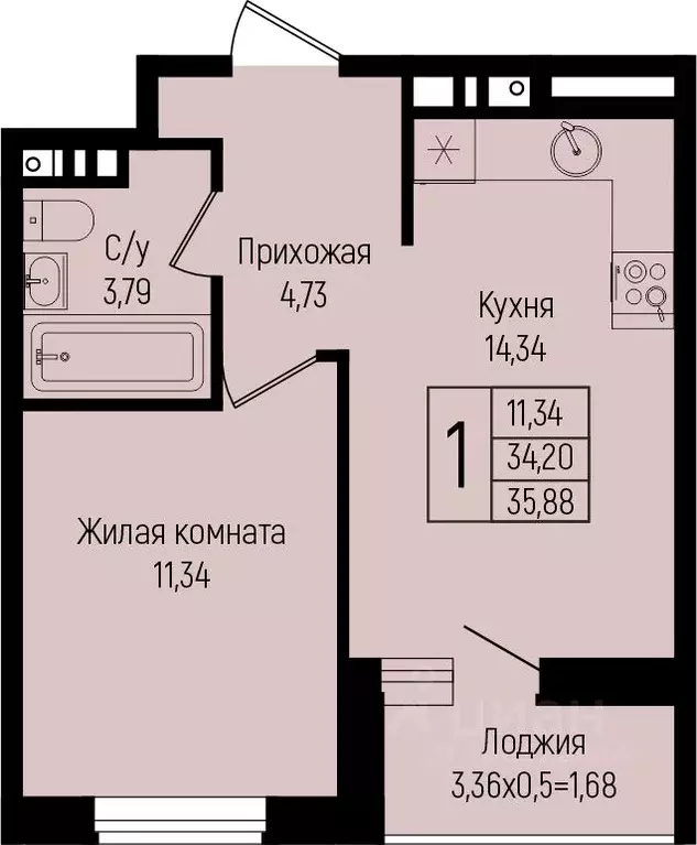 1-к кв. Краснодарский край, Краснодар ул. Михаила Барибана (35.88 м) - Фото 0