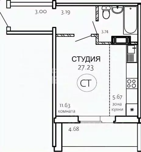 Студия Челябинская область, Челябинск ул. Маршала Чуйкова, 30 (27.0 м) - Фото 1