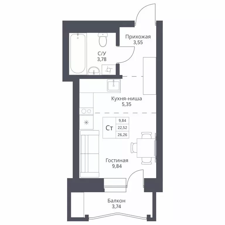 Квартира-студия: Новосибирск, улица Дуси Ковальчук, 246 (26.26 м) - Фото 0