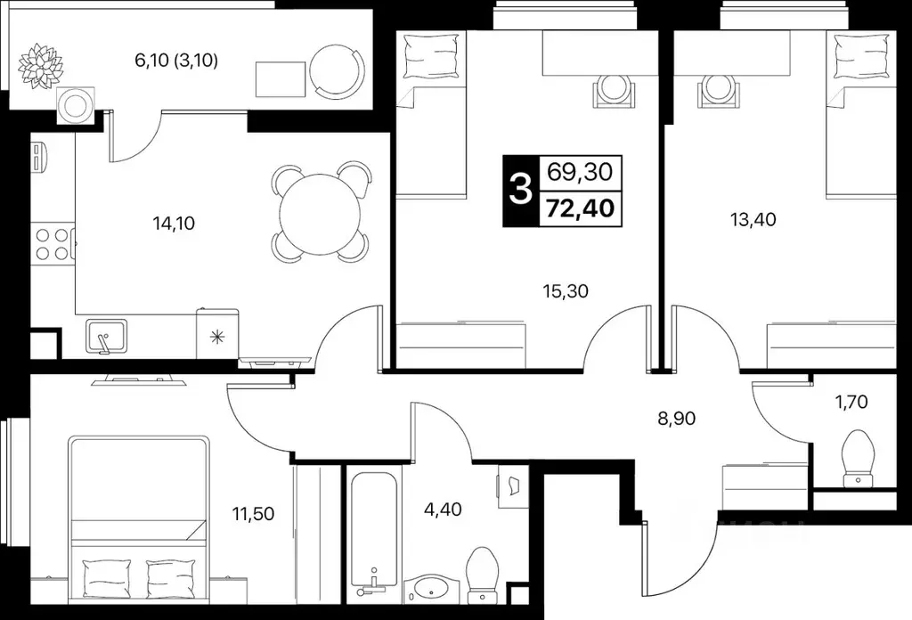 3-к кв. Ростовская область, Ростов-на-Дону Эстет жилой комплекс (72.4 ... - Фото 0