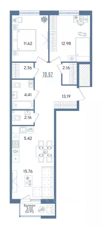 2-к кв. Татарстан, Казань ул. Годовикова, 25 (70.97 м) - Фото 2