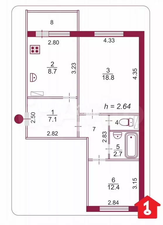 2-к. квартира, 56,4 м, 5/5 эт. - Фото 0
