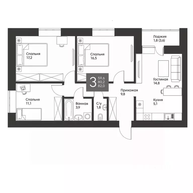 3-к кв. Татарстан, Альметьевск ул. Гафиатуллина, 60 (82.0 м) - Фото 1
